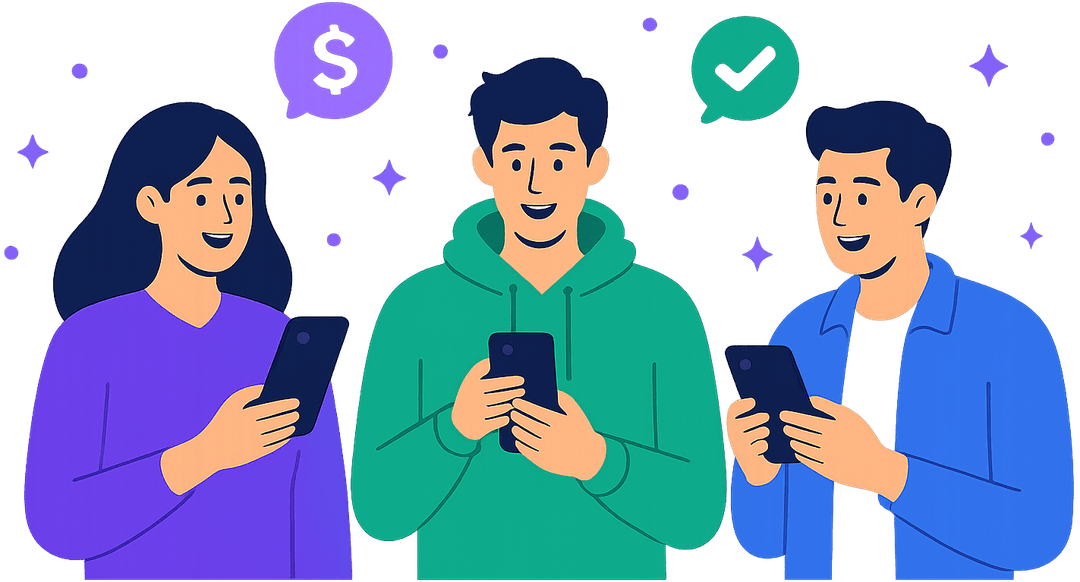 Three friends managing shared expenses on their phones with SplitCost